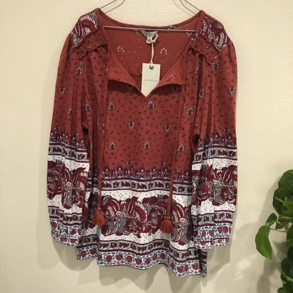 Lucky Brand Blouse Tunic Long Sleeve Ochre Color Floral‎ Print Medium